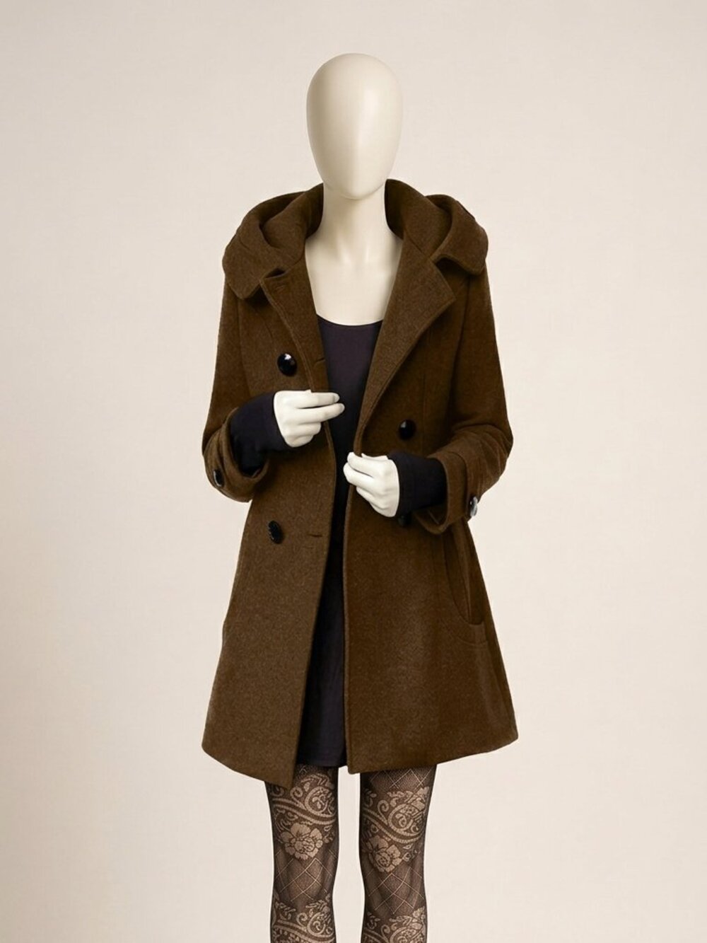 Onmig Brown Hooded Double Breasted Wool Blend Pea Coat Women’s Size M